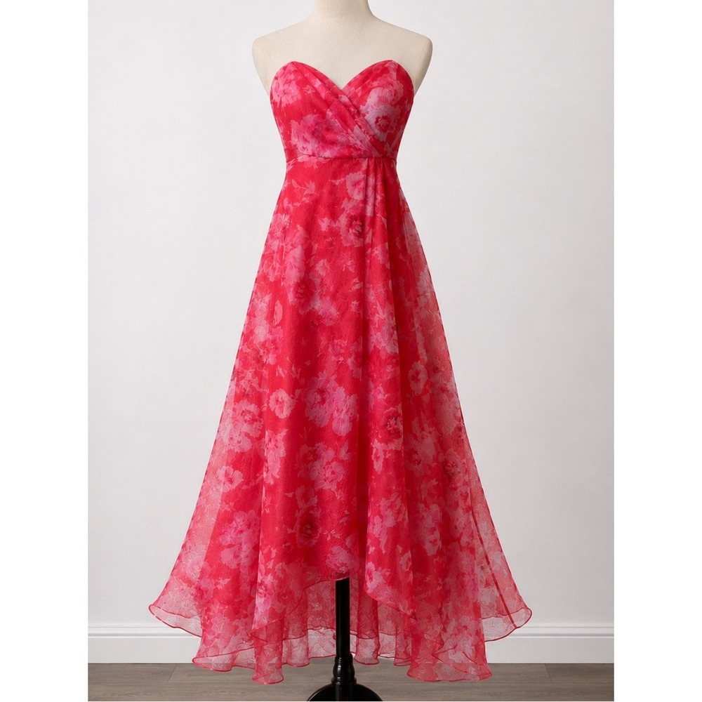 ML Monique Lhuillier Floral Organza High Low Gown Pink Strapless Size 4 NWOT